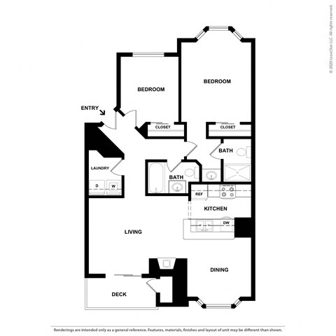 Floor plan for 2 beds, 2 baths, 938 sqft